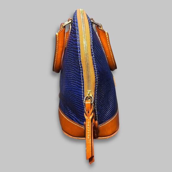 Dooney & Bourke Blue Embossed Leather Satchel Bag with Tan Trim - Picture 4 of 7